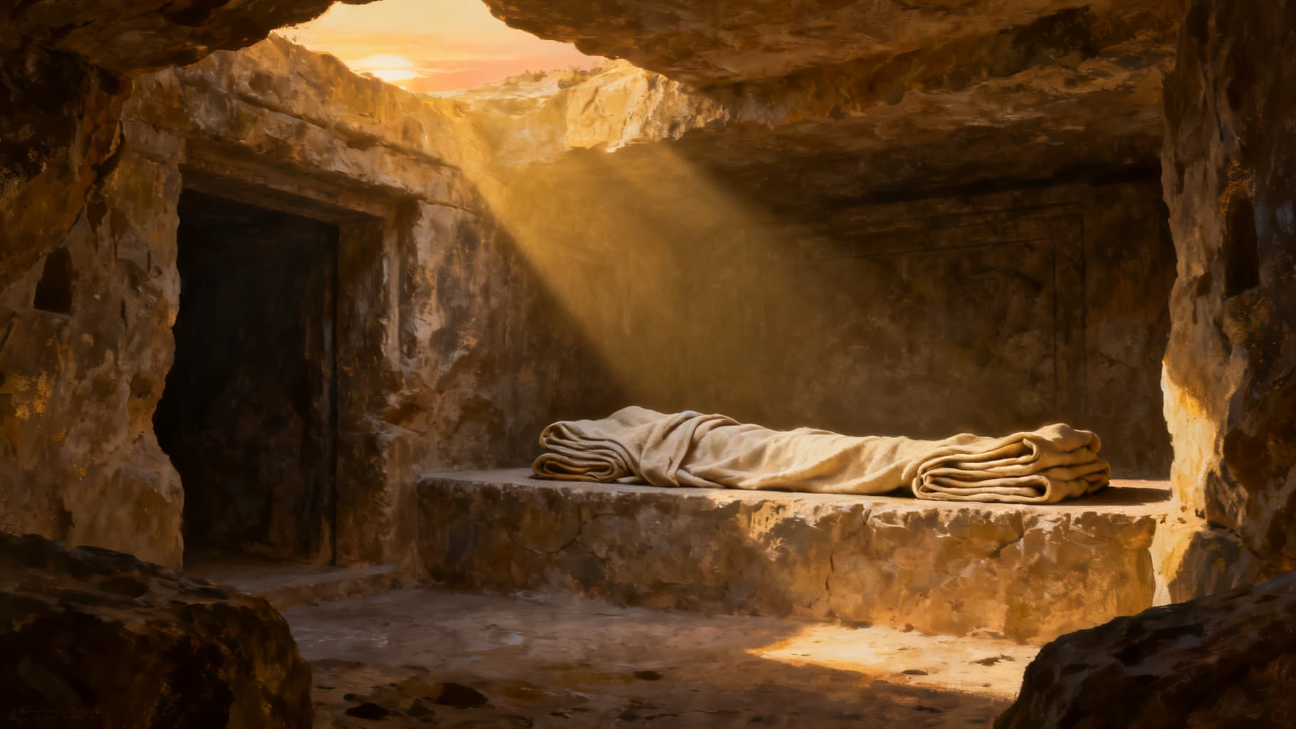 The empty tomb at first light, grave cloths left behind