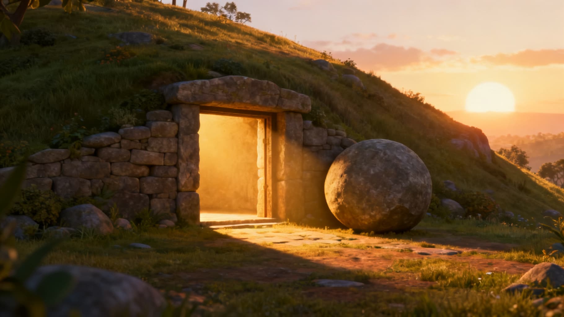 The empty tomb at sunrise with the stone rolled away