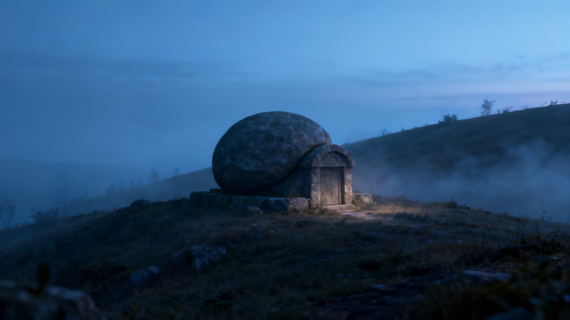The sealed tomb in the gray hour before dawn