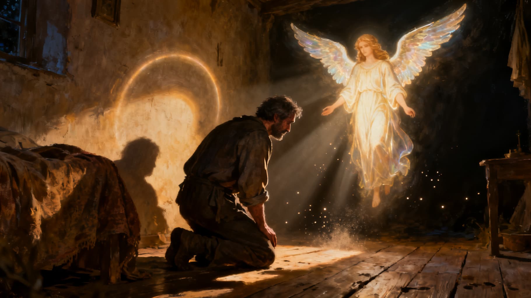 Joseph receiving the angel’s warning in a shadowed room