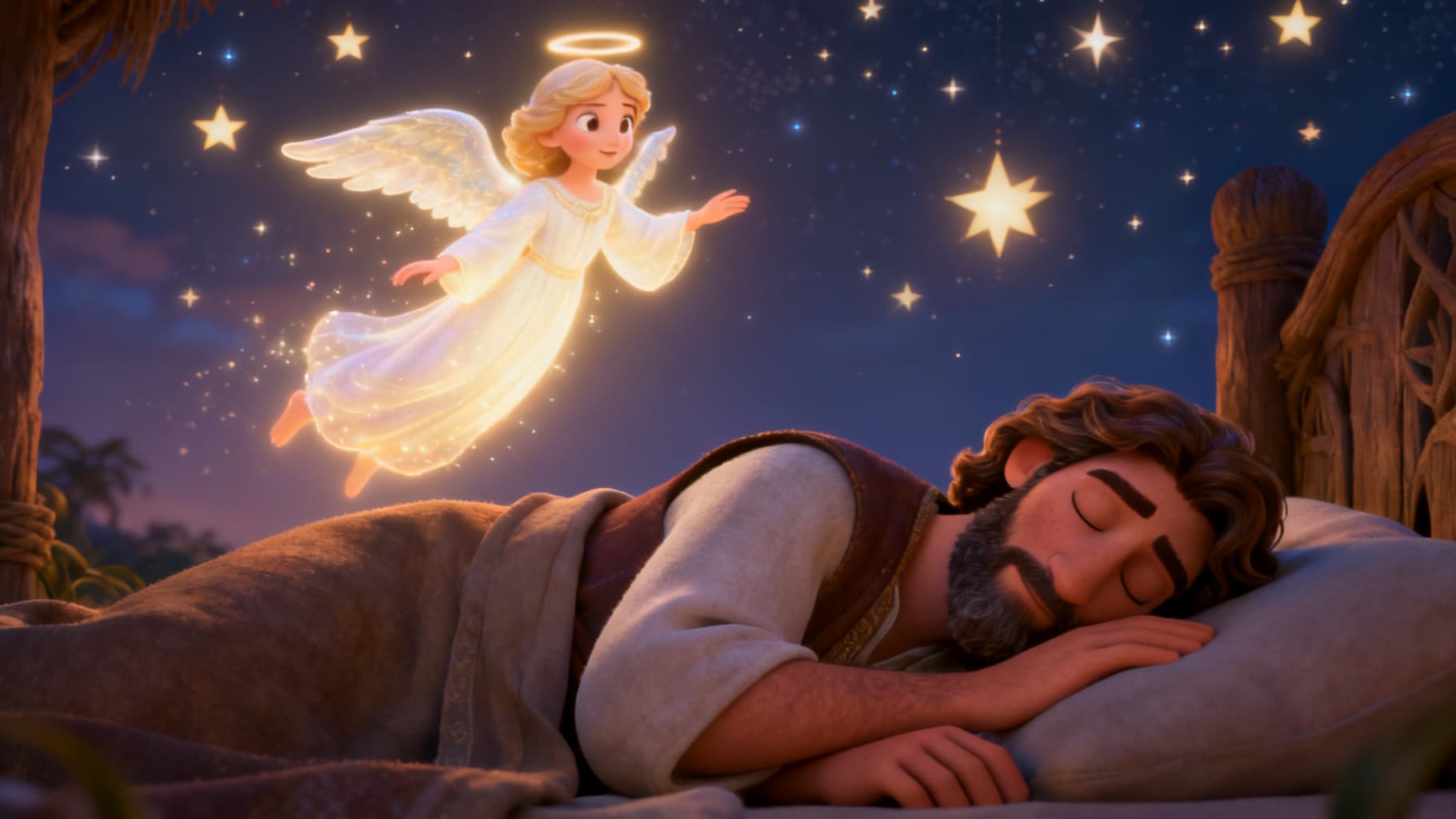 An angel gently warning Joseph in a dream at night