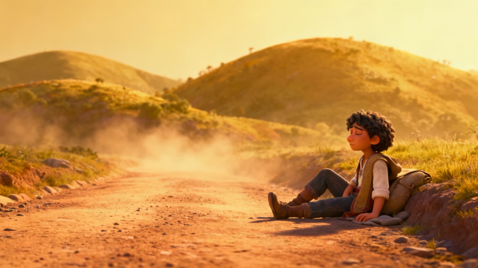 A traveler resting hurt beside a dusty road