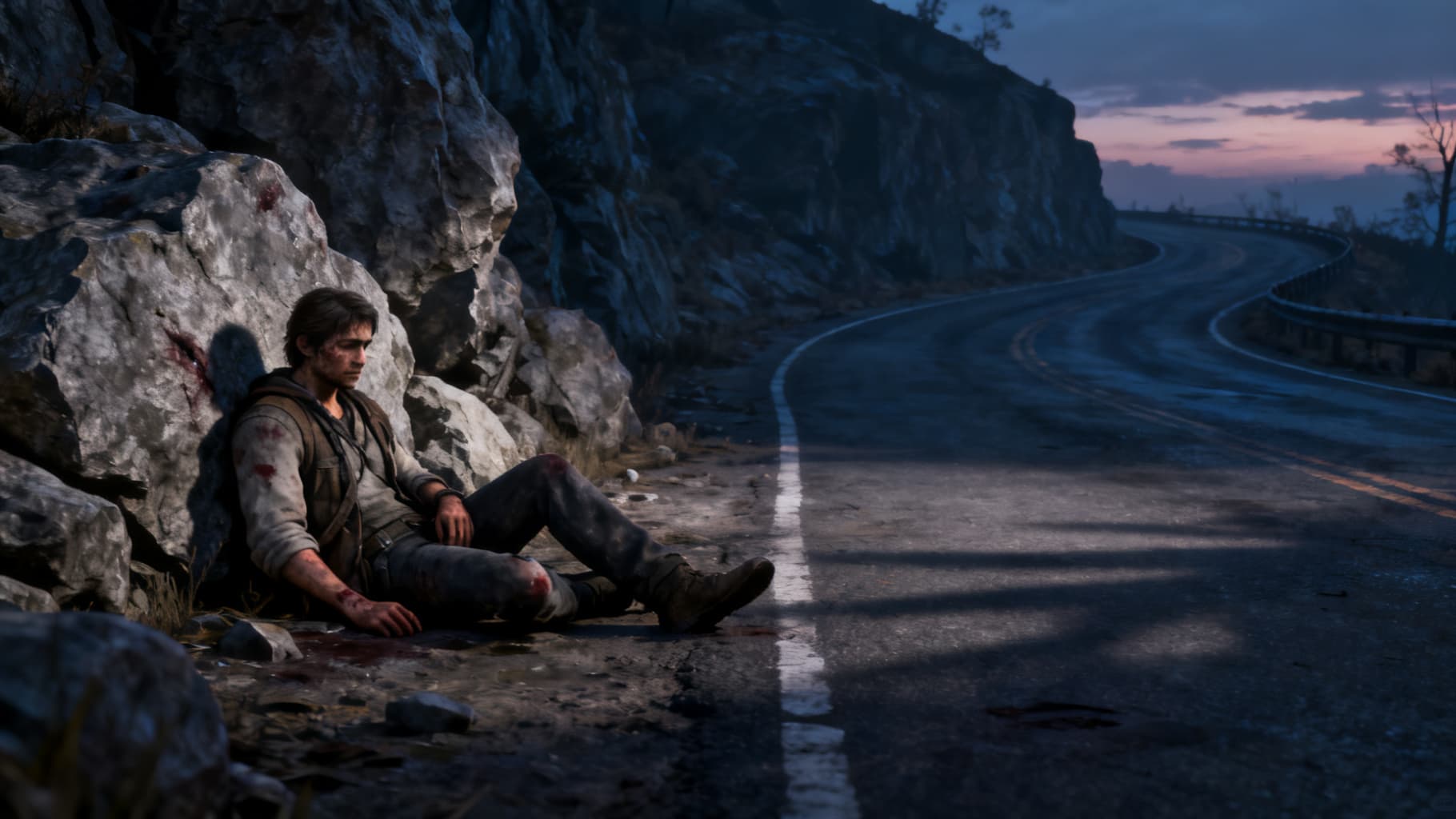 An injured traveler alone on a rocky road
