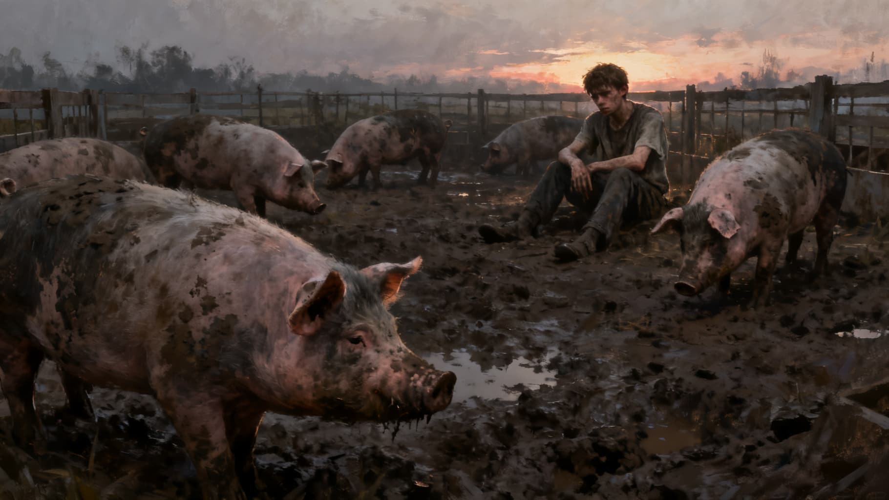 The younger son at his lowest, among the pigs at dusk