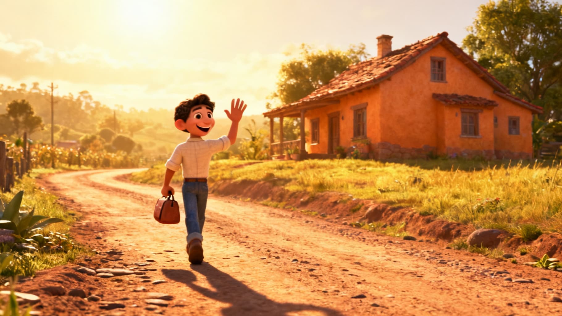 The young son setting off down the road, waving goodbye