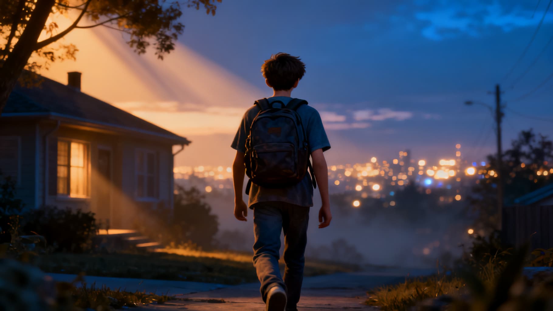 A young man leaving home at night, lights of a city ahead