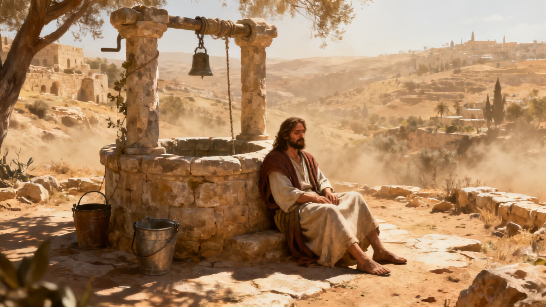 Jesus resting at an ancient stone well in the heat of noon