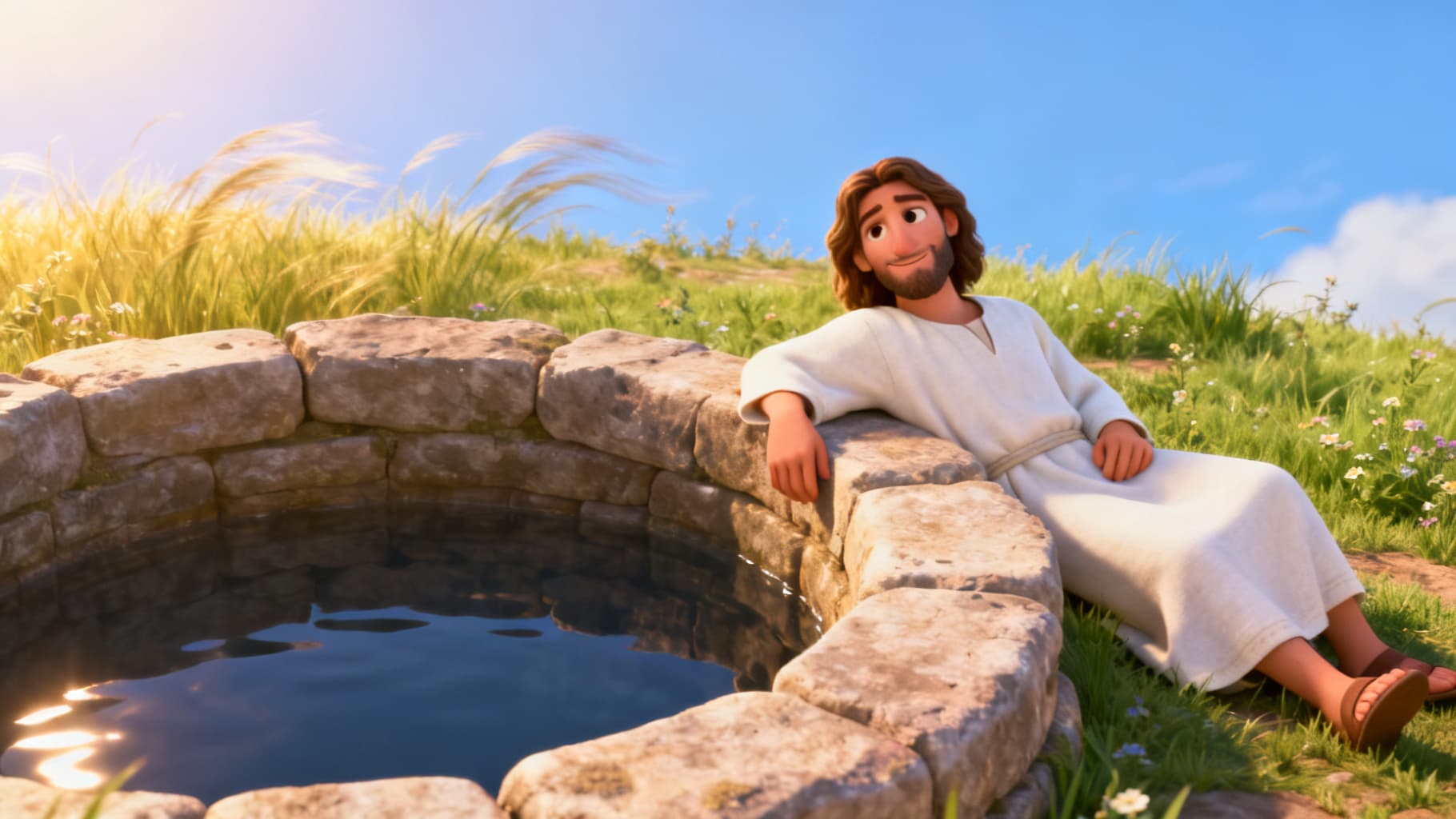 Tired Jesus resting kindly beside a deep stone well
