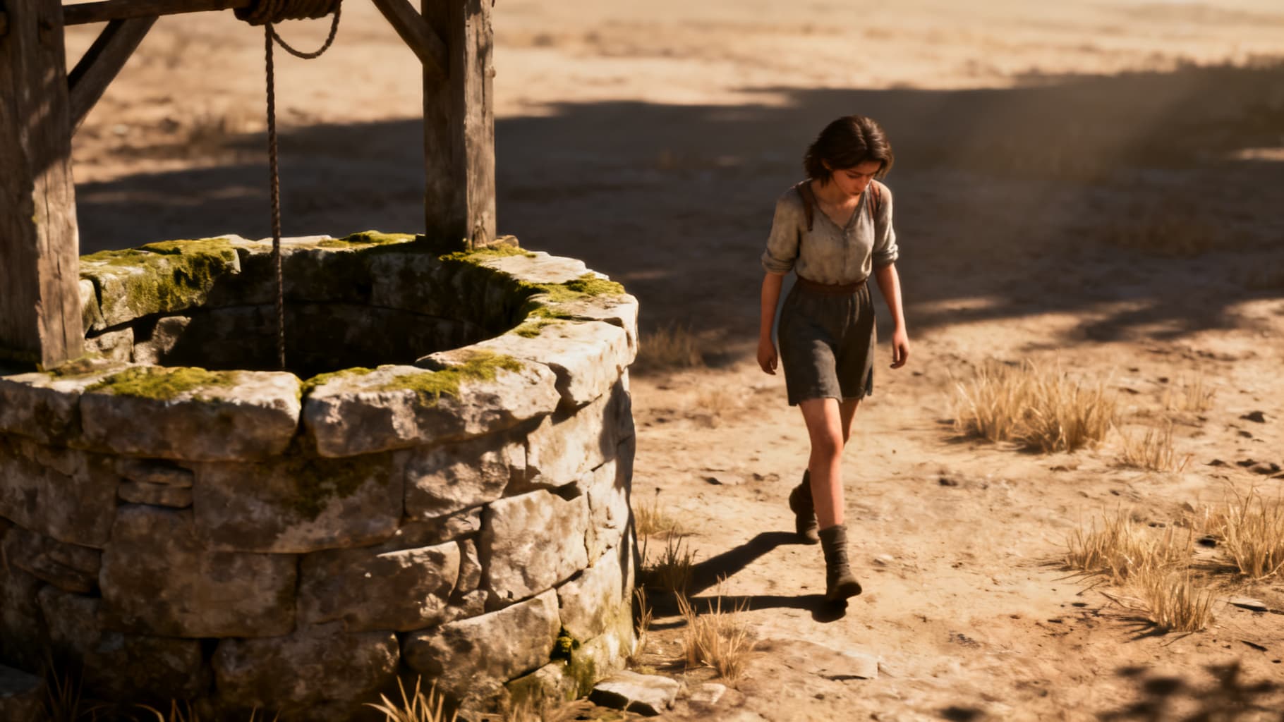 A young woman arriving alone at a well in the harsh midday heat