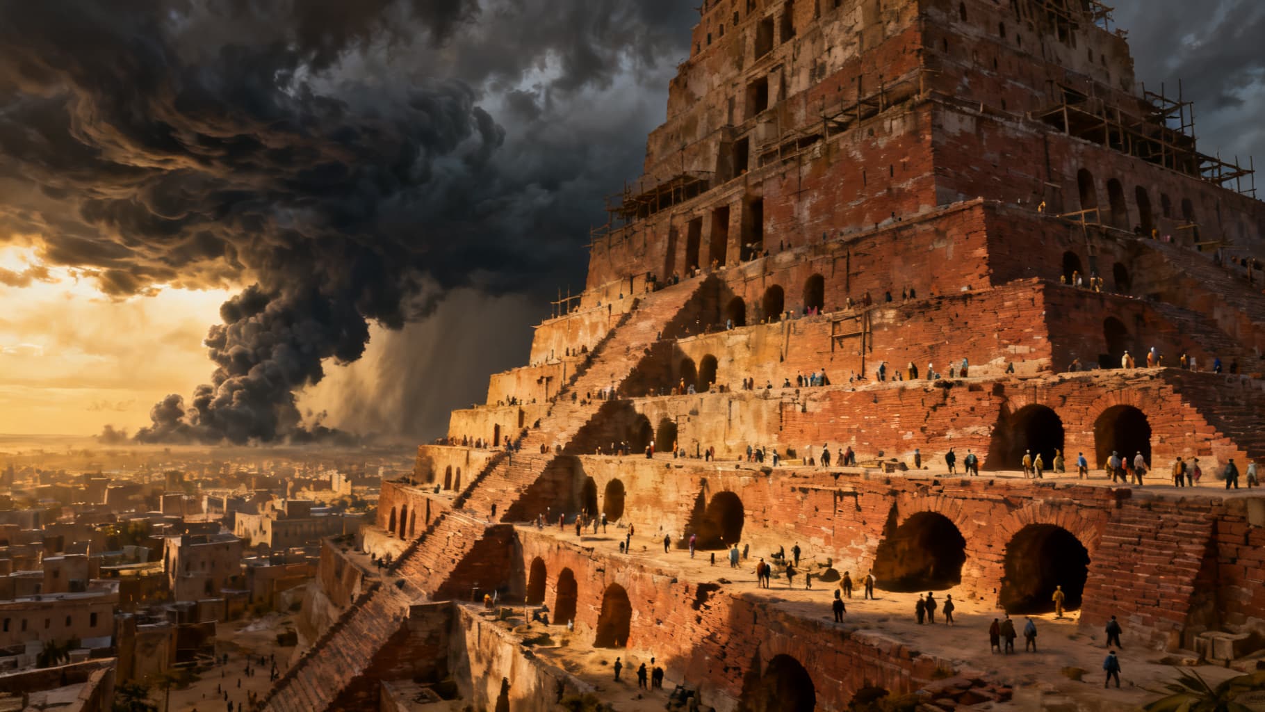 The unfinished tower of Babel rising against a brooding sky