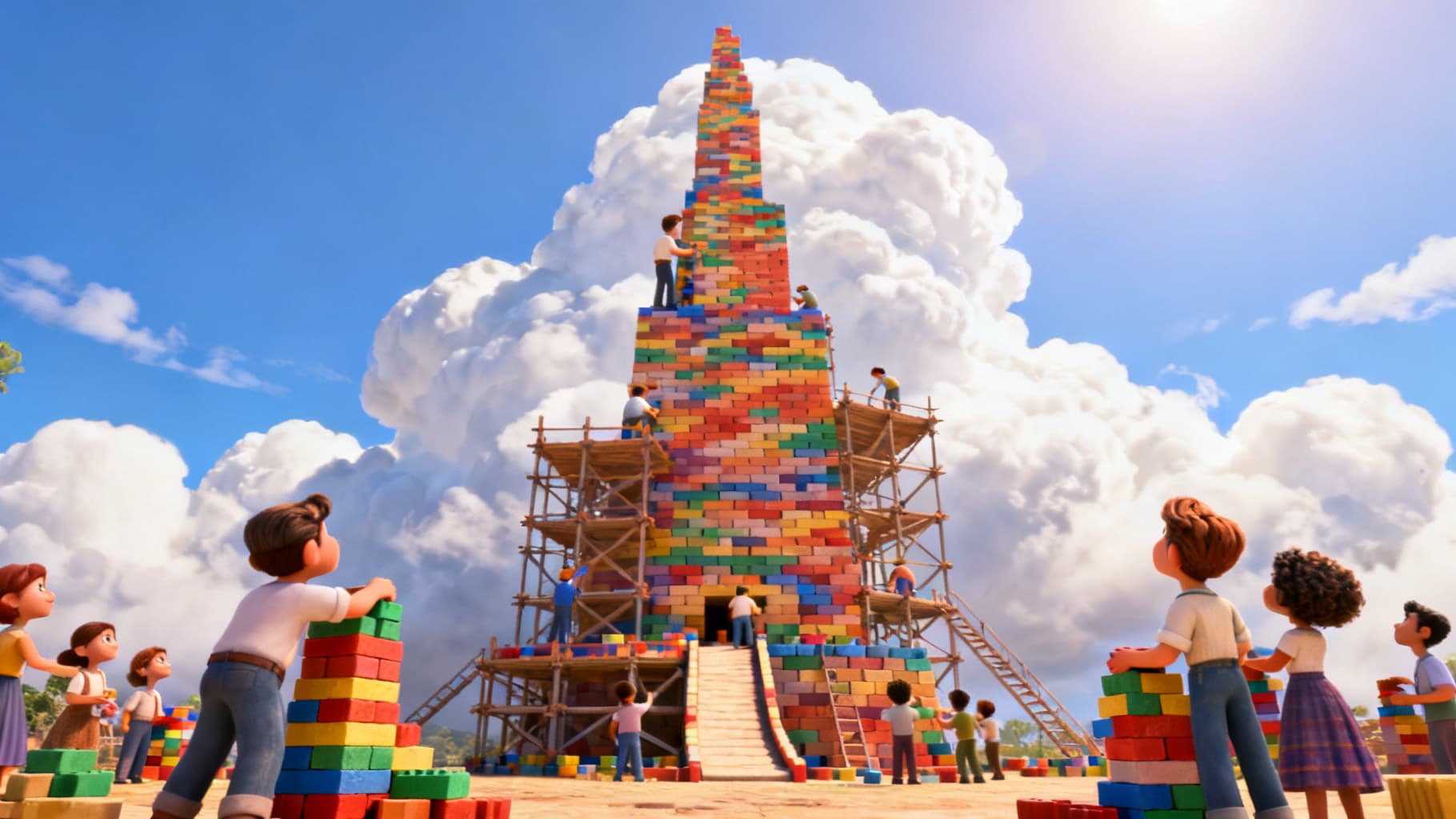People building a giant tower reaching toward the sky