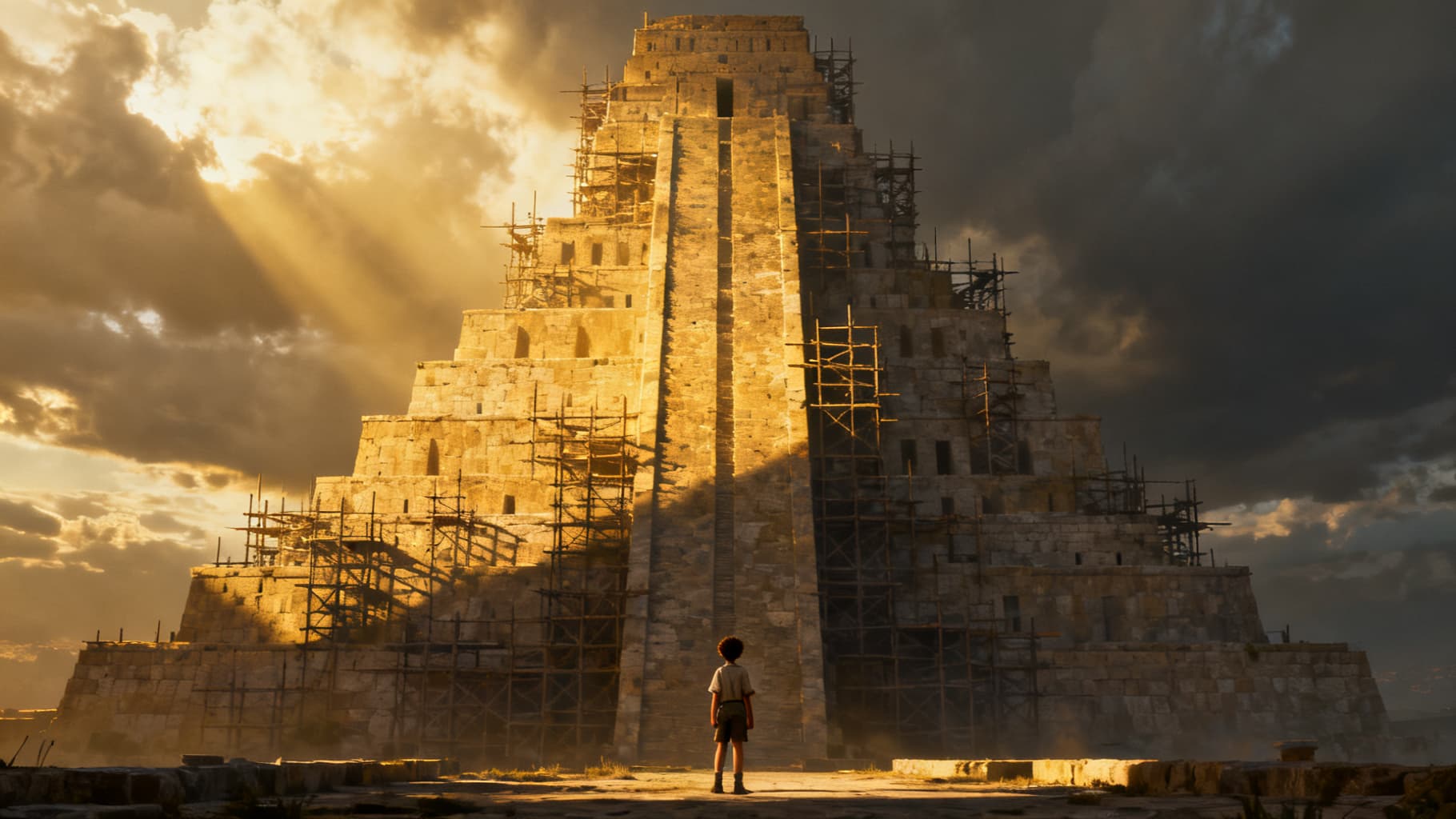 A lone figure gazing up at a massive unfinished tower against the sky